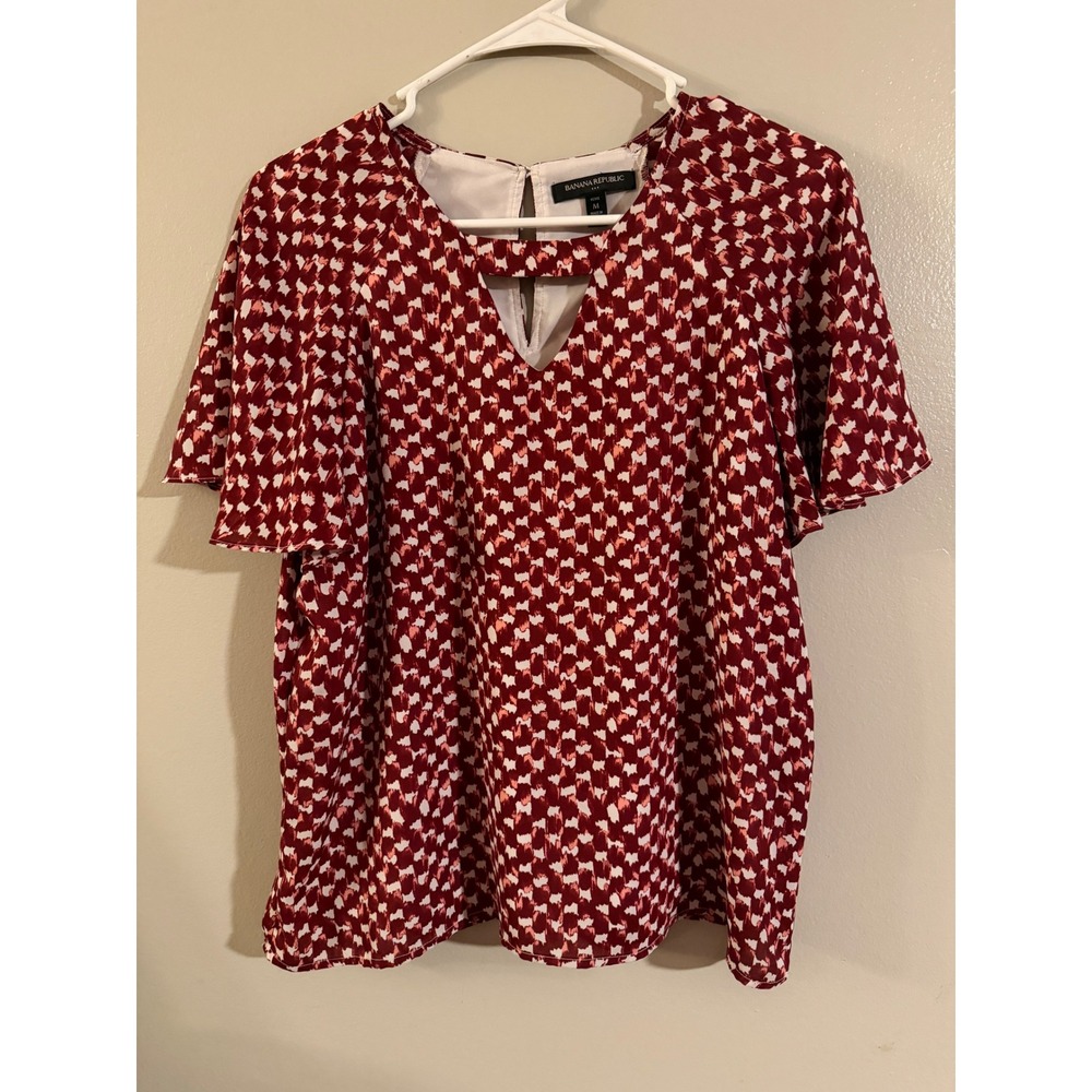 Banana Republic Petite Womens Geometric Print V Neck Flutter Sleeve‎ Top M